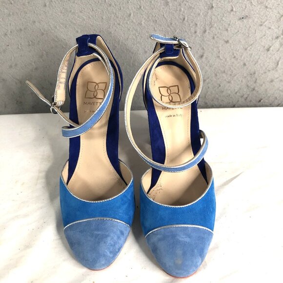 Mavette Shoes Womens 7.5 Blue Suede Nala D'orsay Pump Round Toe  Silver Piping - Picture 2 of 16
